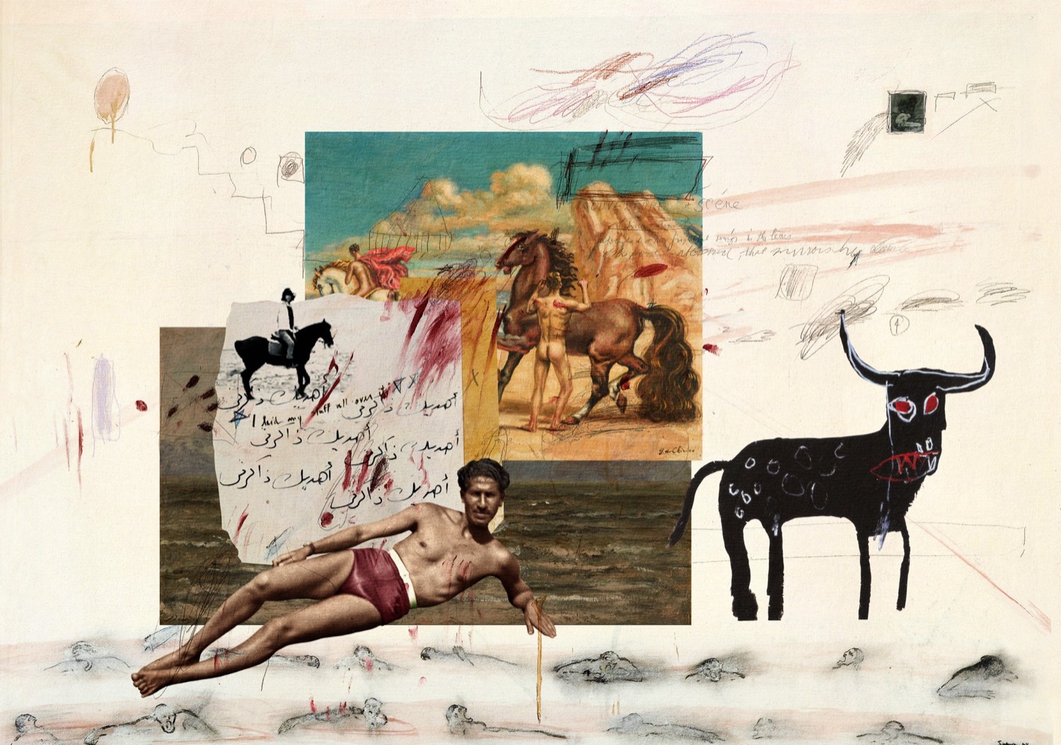 Nermine Hammam, Sons Of Fire And Light, 2022. Photography, drawing, digital collage